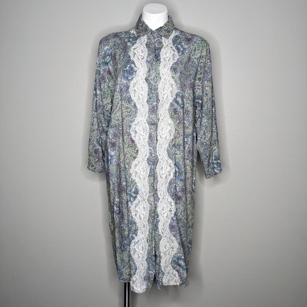 Vintage Victoria's Secret Gold Label blue green floral button up pajama robe M/L